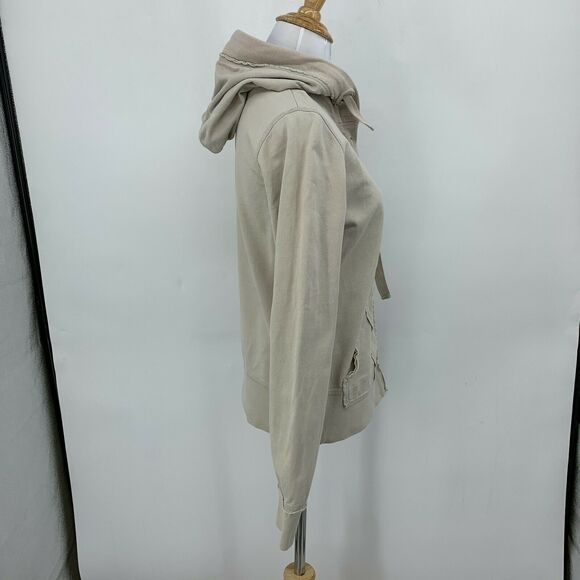 BCBGMaxazria Hoodie Women's Size M Beige Big Snap Buttons Distressed Sweater - Picture 3 of 13